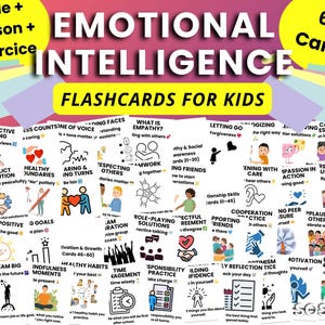 May include: Educational flashcards for kids on emotional intelligence. The set includes 60 cards with titles like "Empathy," "Kindness," and "Healthy Boundaries." Colorful design with illustrations and text.