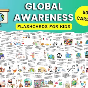 Tarjetas didácticas de conciencia global para niños, tarjetas de geografía de la Tierra, diversidad, arte y cultura, material imprimible en PDF para el aprendizaje.