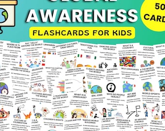 Global Awareness Flashcards for Kids, Earth Geography Cards, Diversity Art Culture, Printable PDF Learning
