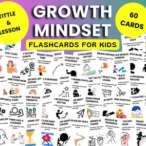 Tillväxttänkande Flashcards för barn, aktiviteter för självförtroende, bekräftelsekort, utskrivbara flashcards för livskunskap
