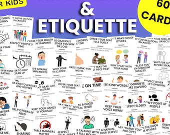 60 Manners and Etiquette Flashcards, Teach Kids Politeness, Social Skills, Printable Cards, Instant Download