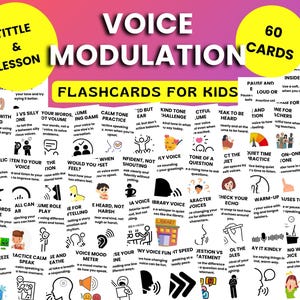 Puede incluir: Un conjunto de 60 tarjetas didácticas para niños, diseñadas para lecciones de modulación de voz. Las tarjetas presentan ilustraciones coloridas y texto, que cubren temas como el tono, el volumen y las técnicas de habla. El título "Voice Modulation" es prominente.