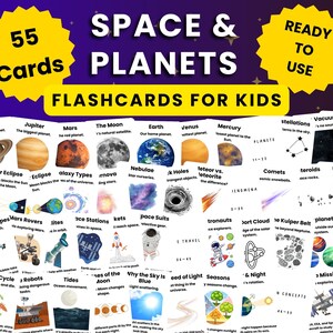 Flashcards over de ruimte en planeten voor kinderen die het zonnestelsel en de ruimte leren kennen. Direct te downloaden en af ​​te drukken.