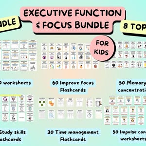 May include: A bundle of educational materials for kids, including worksheets and flashcards. The image features the text "EXECUTIVE FUNCTION & FOCUS BUNDLE" and lists topics such as ADHD, memory, and time management. The bundle includes 50 ADHD worksheets, 60 flashcards, and more.