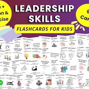 May include: Leadership skills flashcards for kids. The cards feature various leadership concepts with illustrations. The title and exercise are in a yellow circle. The set includes 60 cards. The text on the cards includes "Respect Differences", "Work Together", and "Stay Positive".