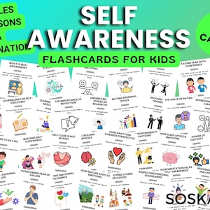 Flashcards voor zelfbewustzijn voor kinderen, zelfvertrouwen opbouwen, emotionele intelligentie, groeimindset, afdrukbare educatieve kaarten