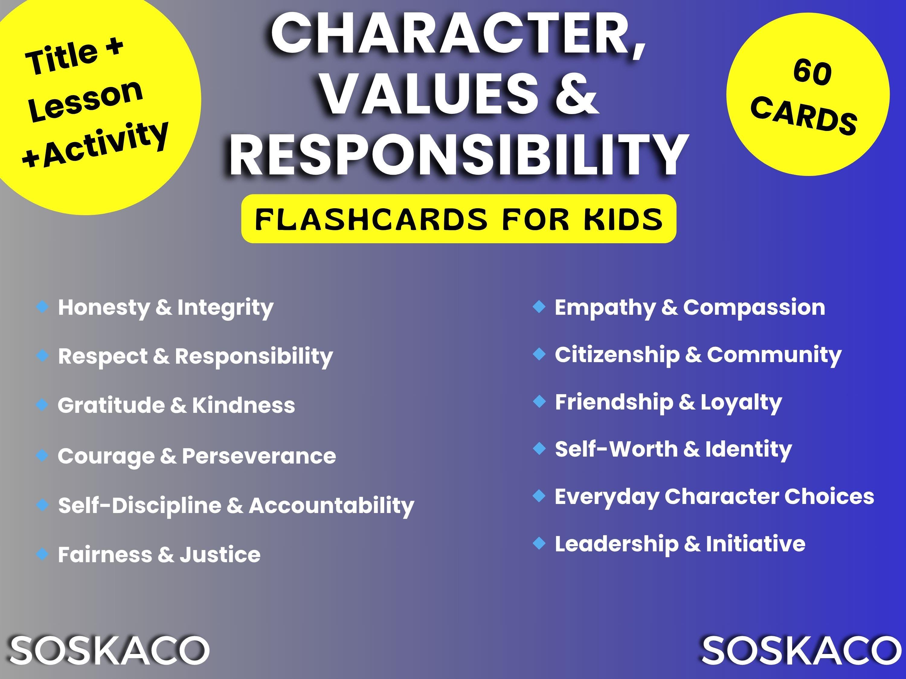 Show Character Value Character Values and Responsibility Flashcards for Kids, Social Skills ...
