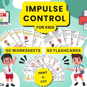 Könnte beinhalten: Ein digitales Lernset mit dem Titel Impulse Control for Kids, bestehend aus 50 Arbeitsblättern und 50 Lernkarten. Das Design zeigt ein PDF-Symbol, einen Drucker und zwei Zeichentrickfiguren. Der Text lautet Print & Cut, SoskaCo und diverse Titel.