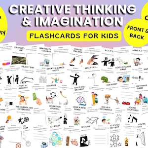 May include: A set of 60 flashcards for kids, promoting creative thinking and imagination. The cards feature various activities, with text and illustrations on a white background. The title "Creative Thinking & Imagination" is displayed prominently.