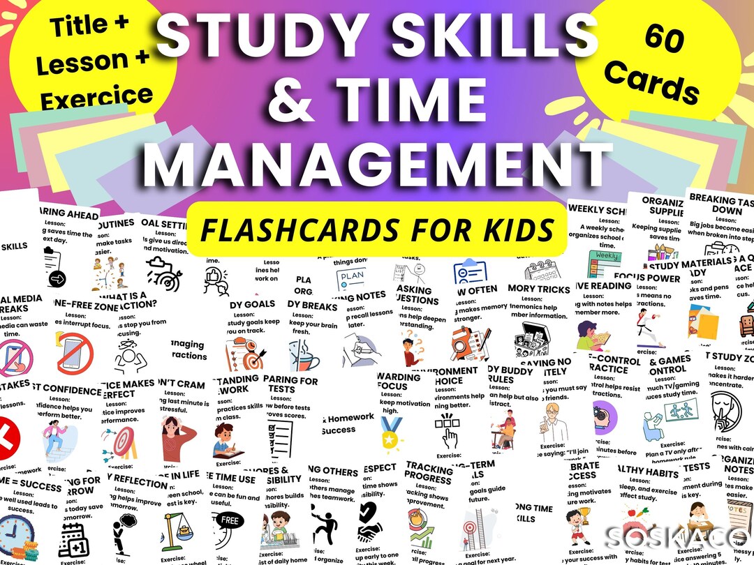 Study Skills Flashcards Time Management for Kids, Printable Activities ...