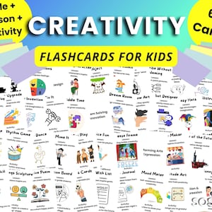 May include: A set of 60 flashcards for kids, promoting creativity. The cards feature colorful illustrations and text, with titles like "Dream Room" and "Future You". The design includes the words "Creativity" and "Flashcards for Kids".