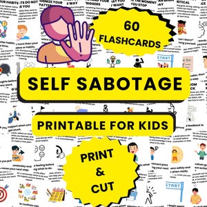 Självsabotage-flashkort för barn, Positivt självprat, Självutveckling, Självvård, Självidentitet, Psykisk hälsa, Utskrivbar PDF