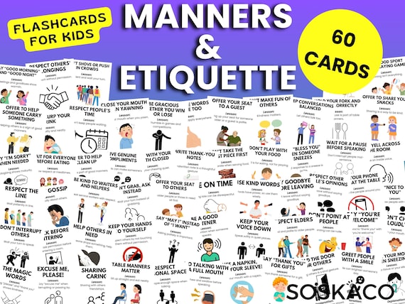 60 Manners and Etiquette Flashcards, Teach Kids Politeness, Social Skills, Printable Cards, Instant Download