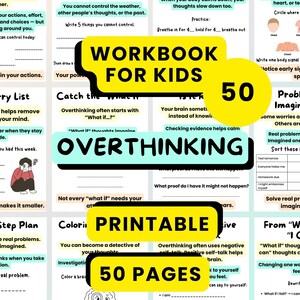 Puede incluir: Un cuaderno de trabajo para niños con el título "Overthinking" y las palabras "Printable" y "50 Pages" en amarillo y negro. Las páginas ofrecen ejercicios y indicaciones para ayudar a los niños a manejar sus preocupaciones y ansiedades.