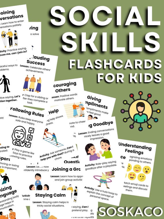 Social Skills Flashcards for Kids Worksheets Coping Strategies Workbook, Team Building Activities, Printable Cards