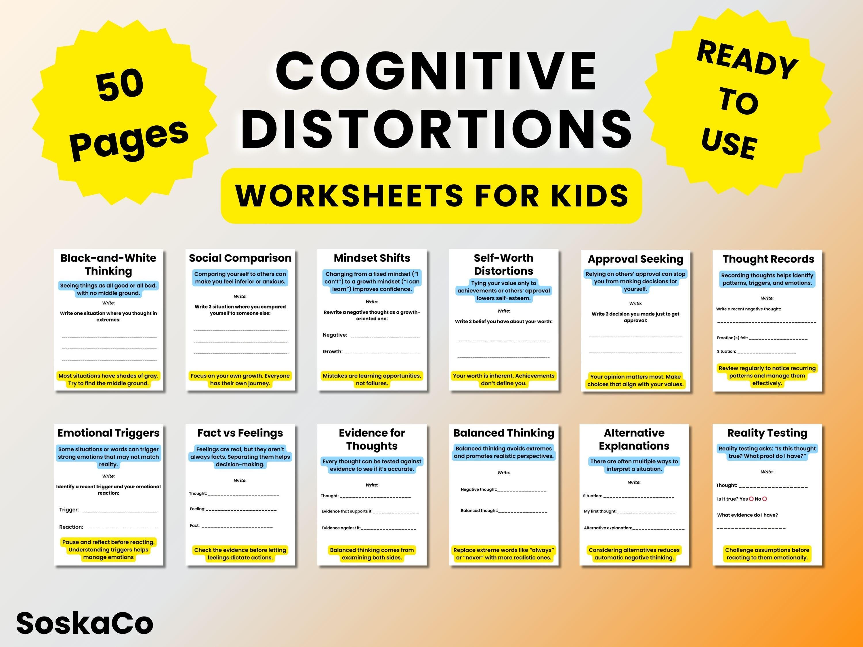 Cognitive Distortions Worksheets for Kids, Learning Worksheets Mental ...