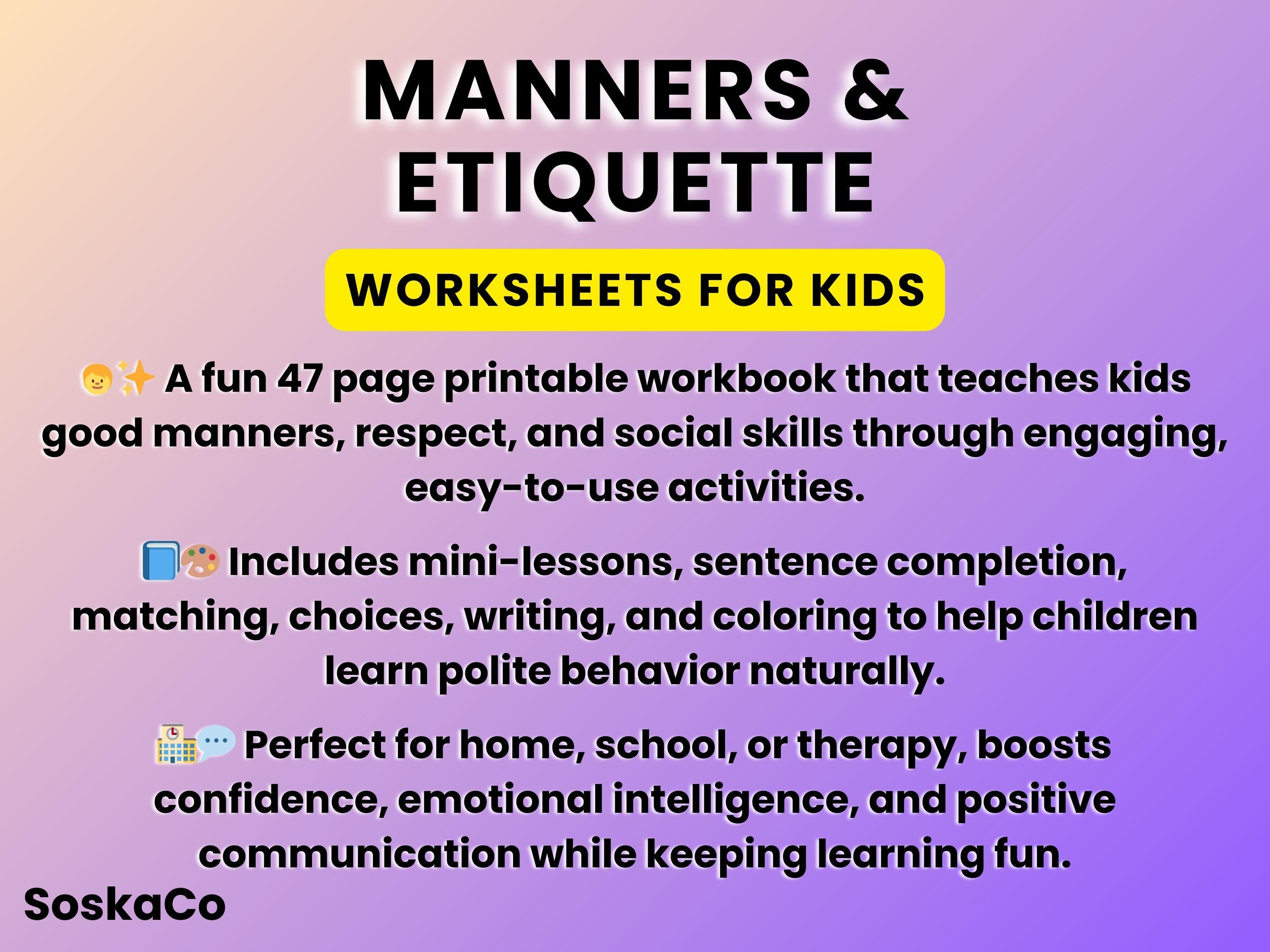 Manners and Etiquette Worksheets, Polite Behavior Workbook, Manners for ...