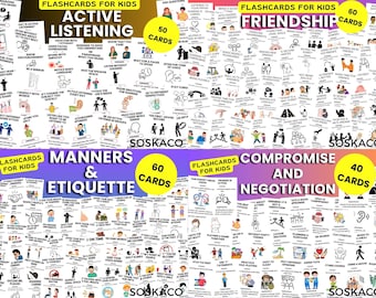May include: A set of four flashcards for kids, each with a different theme: Active Listening (50 cards), Friendship (60 cards), Manners & Etiquette (60 cards), and Compromise & Negotiation (40 cards). Each card features illustrations and text.