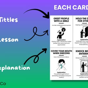 60 tarjetas didácticas de modales y etiqueta. Enseña cortesía y habilidades sociales a tus hijos. Tarjetas imprimibles. Descarga instantánea. imagen 5