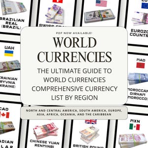 Op de afbeelding: Een kleurrijk diagram met afbeeldingen van verschillende valuta's van over de hele wereld. Het diagram heeft de titel "Wereldvaluta's: De ultieme gids voor wereldvaluta's, Uitgebreide valuta-lijst per regio". Het diagram bevat valuta's uit Noord- en Midden-Amerika, Zuid-Amerika, Europa, Azië, Afrika, Oceanië en het Caribisch gebied.