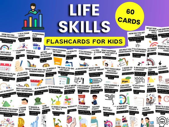 Life Skills Flashcards for Kids, Learning Entrepreneurship Activities, Goal Setting, Planning Home & School, Educational Printable Cards