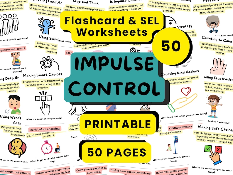 Impulse Control Worksheets for Kids, SEL Activities & Flashcards, Self ...