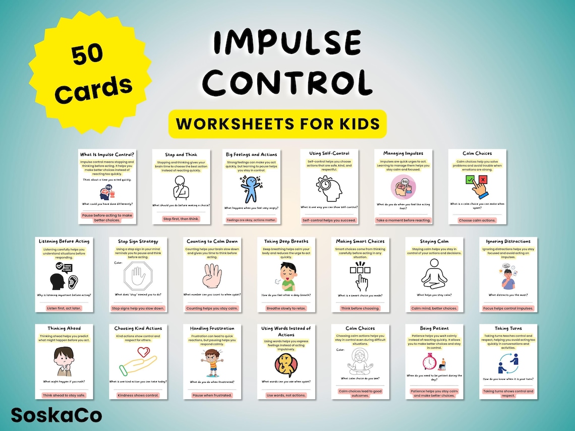 Impulse Control Worksheets for Kids, SEL Activities & Flashcards, Self ...