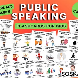 Spreken in het openbaar Flashcards voor kinderen, zelfvertrouwen opbouwen, communicatieve vaardigheden, leuke spraakactiviteiten en oefeningen, afdrukbare leerkaarten