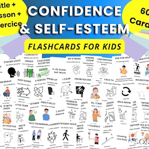 Puede incluir: Tarjetas didácticas para niños centradas en la confianza y la autoestima. Las tarjetas presentan ilustraciones y texto con frases como «Soy valiente» y «Rebotar». El juego incluye 60 tarjetas.