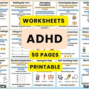 以下が含まれることがあります： ADHDワークシート、50ページ、印刷可能。時間の理解、感情の管理、自己鎮静ツールに関するエクササイズが含まれています。ルーチンと感情管理を目的として設計されています。