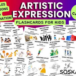May include: A set of 40 colourful flashcards for kids featuring artistic expression activities. The cards have titles such as "Sound Effects in Drama", "Laying with Shadows", "Pressing Feelings Through Art", "Magic of Mime", "Collage Art", "Rhythm and Movement", "Express Yourself with Sculpting", "Create a Dance/Action Masks", "Singing and En", "Mixing Colours Experiment", "Pressing Yourself Through Fashion", "Ign Your Own Instrument", "Dance Like an Animal", "Stories/Photos", "Drawing to Music", "Art of Making Costumes", "Freeze Dance Game", "Musical Patterns", "Singing in a Group", "Culture/Oh Art", "Drawing Emotions", "Music/Body", "Creating a Play", "M Nature", "Music and Mem", "Group Art Collaboration".
