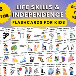 May include: Flashcards for children with the text "Life Skills & Independence" and "75 Cards." The cards cover topics such as "Spending," "Goals," and "Money." The words "Ready to Use" are also displayed.