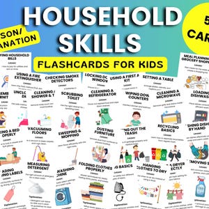 Fiches d'habiletés ménagères pour enfants - Tableau des tâches ménagères imprimable, cartes d'apprentissage des compétences psychosociales, enseigne le nettoyage, l'organisation et les responsabilités