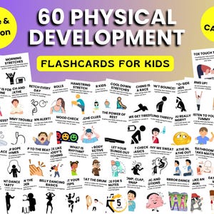 Flashcards lichamelijke ontwikkeling voor kinderen, stretchen, lichaamssignalen en ritmische beweging, afdrukbaar educatief voor de ontwikkeling van kinderen