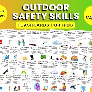 Cartes-éclair sur la sécurité en plein air pour les enfants, cartes d'apprentissage amusantes de la nature pour enseigner la météo, la faune et les compétences de survie, PDF imprimable