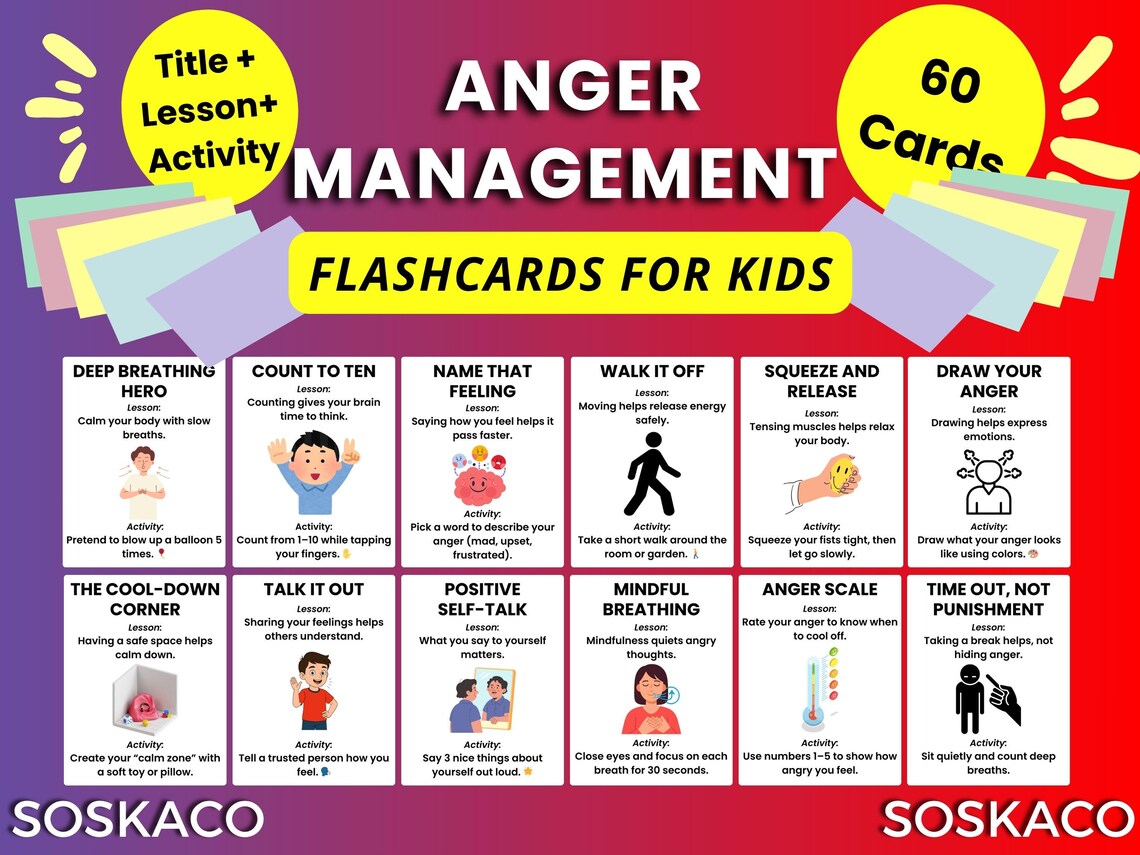 Anger Management Flashcards for Kids, Emotional Regulation Activities ...