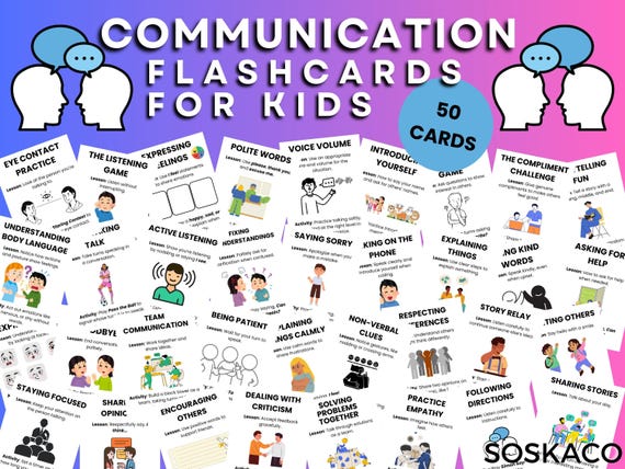 Communication Skills Flashcards for kids, Printable Self Confidence Workbook Activities, Communication Flash Cards