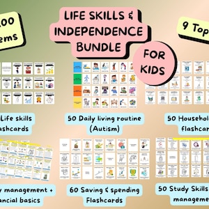 May include: A bundle of flashcards for kids, labeled "Life Skills & Independence Bundle." The image includes text that says "+ 200 items" and "9 Topics." The flashcards cover topics like life skills, daily routines, household skills, money management, and study skills.