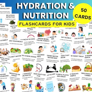 50 hydratatie- en voedingsbewustzijn-flashcards, leer gezonde eetgewoonten en waterinname, afdrukbare educatieve kaarten