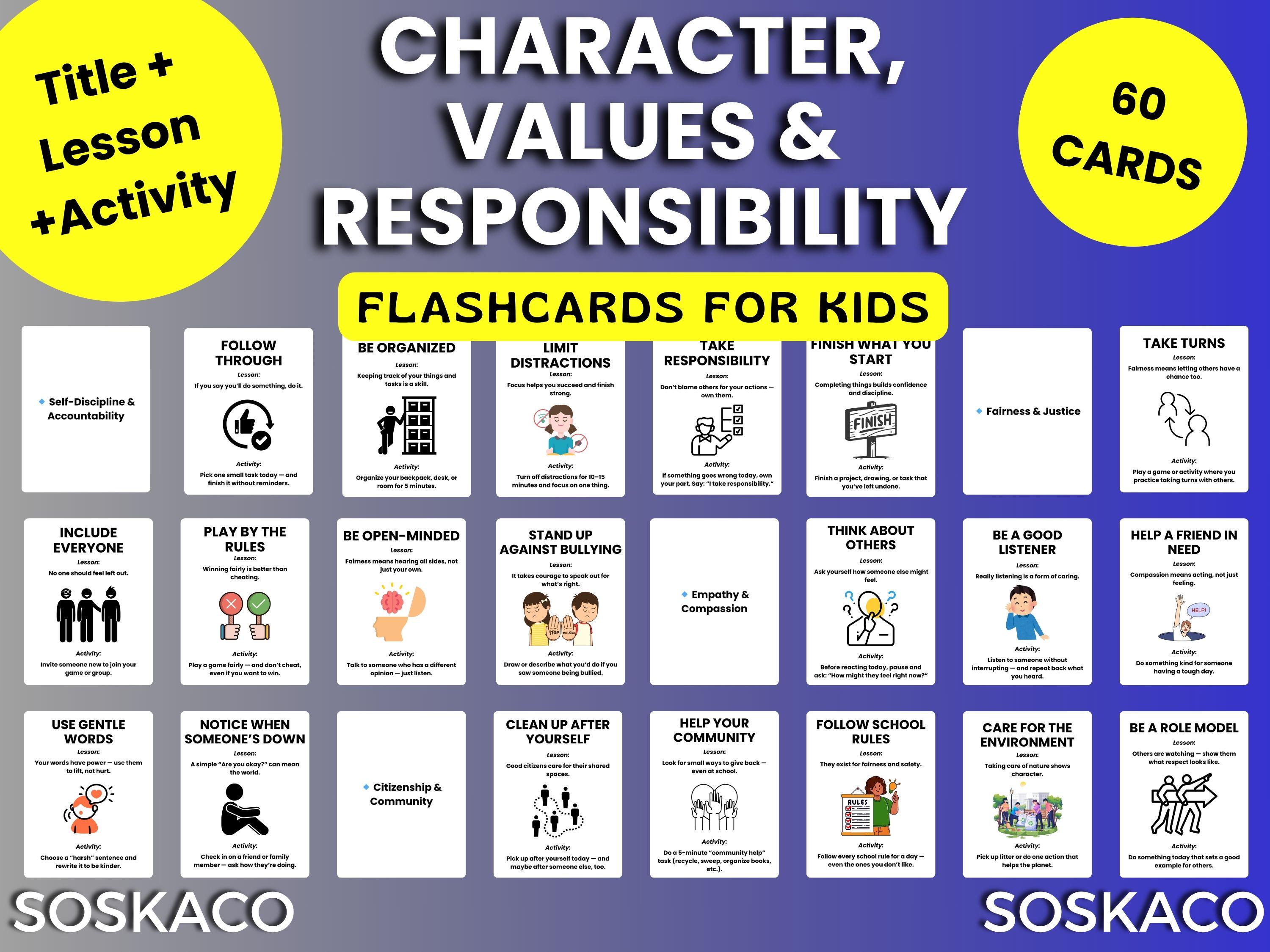Show Character Value Character Values Flashcards, Social Skills for Kids Responsibility ...