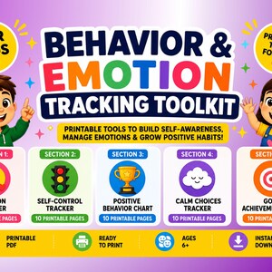 May include: A behavior and emotion tracking toolkit for kids featuring five sections: emotion tracker, self-control tracker, positive behavior chart, calm choices tracker, and goal achievement chart. Includes illustrations of two children and icons.