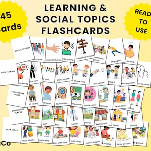 Puede incluir: Un conjunto de 45 tarjetas didácticas sobre temas de aprendizaje y sociales. Las tarjetas presentan ilustraciones y texto relacionados con las habilidades sociales, las reglas del aula y los lugares comunitarios. El texto "Learning & Social Topics Flashcards" está en la parte superior.