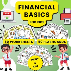 Op de afbeelding: Een digitale educatieve set getiteld Financial Basics for Kids, met 50 werkbladen en 50 flashcards. Het ontwerp bevat een laptopicoon, een printericoon en twee cartoonkinderen. Tekst: Financial Basics for Kids, 50 Worksheets, 50 Flashcards, Print & Cut, SoskaCo.