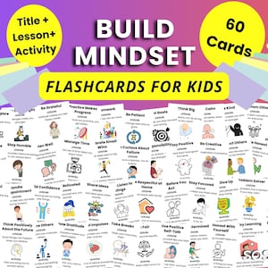 Pode incluir: Flashcards para crianças com as palavras "Build Mindset" e "Flashcards for Kids". As cartas são coloridas e apresentam lições e atividades para desenvolver a mentalidade.