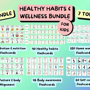 May include: A bundle of flashcards for kids, promoting healthy habits and wellness. The set includes 7 topics with 50 hydration and nutrition flashcards, 40 healthy habits flashcards, 120 home workout flashcards, 50 posture and body alignment flashcards, 45 body awareness flashcards, and 60 self-care flashcards.
