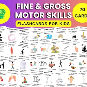 Könnte beinhalten: Ein Satz von 70 Lernkarten für Kinder mit bunten Illustrationen und Texten, die Fein- und Grobmotorik-Aktivitäten beschreiben. Die Karten sollen Kindern helfen, ihre motorischen Fähigkeiten durch Spielen zu entwickeln.