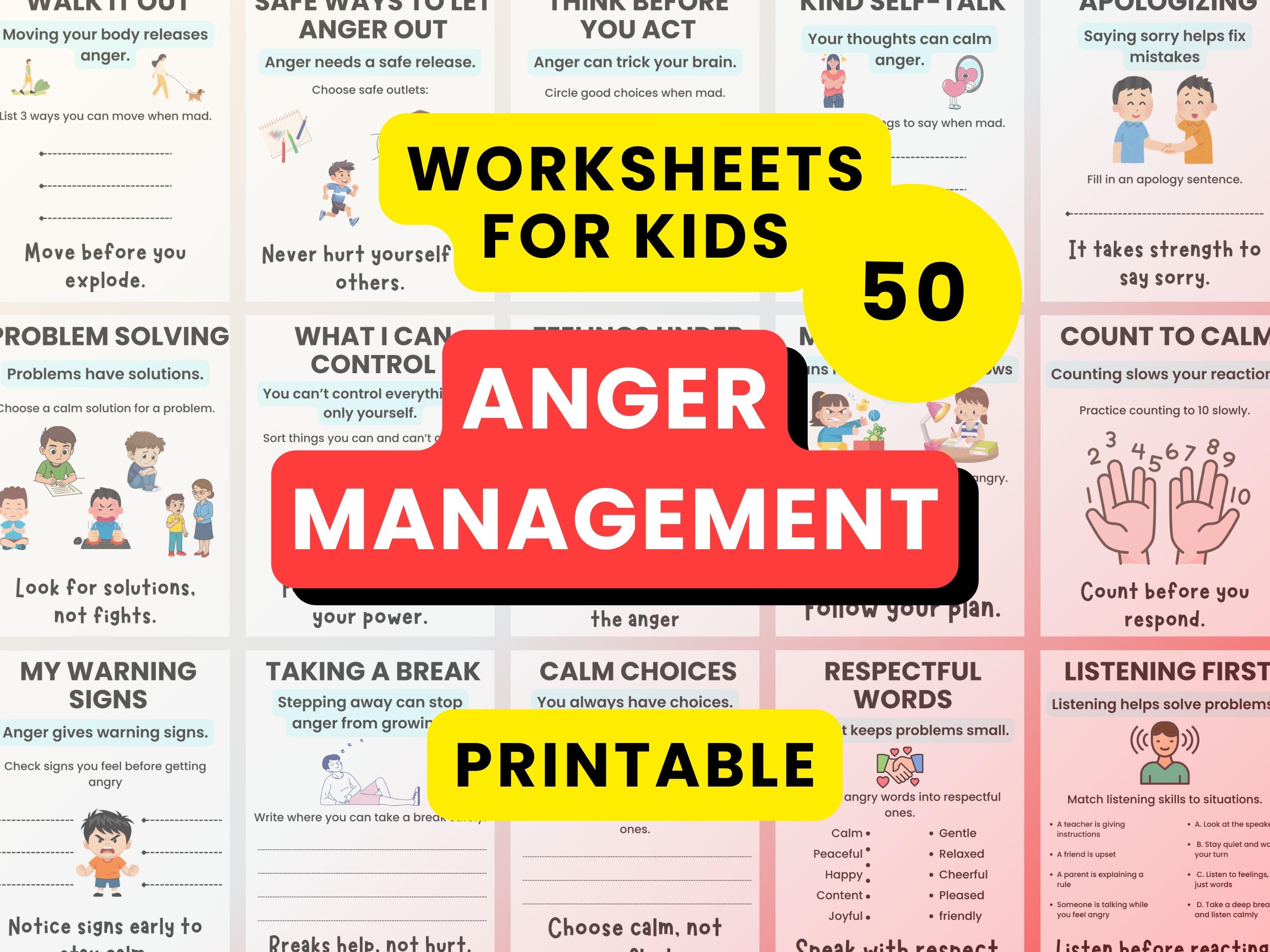 Anger Management Worksheets for Kids, Emotional Printable Coping Skills ...