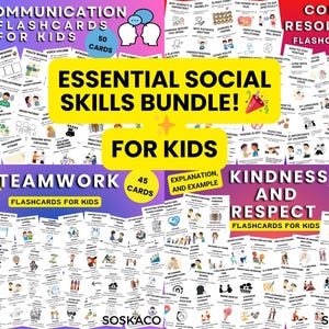 Flashcards sociale vaardigheden voor kinderen, communicatie, teamwork, vriendelijkheid en conflictoplossing