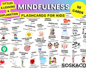 Tarjetas didácticas de mindfulness para niños, afirmaciones, actividades de conciencia emocional, estrategias de respiración, PDF imprimible, descarga instantánea.