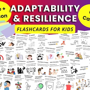 May include: A set of 60 flashcards for kids, titled "Adaptability & Resilience." The cards feature various concepts like gratitude, positive thinking, and coping strategies, with colorful illustrations and text.